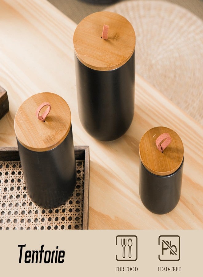Tenforie Black Canister Sets for Kitchen, 3pcs Ceramic Canisters with Airtight Wooden Lid, Food Storage Jar, Large Kitchen Storage Containers for Serving Coffee Beans, Tea, Sugar, Salt, Spices - Image 2